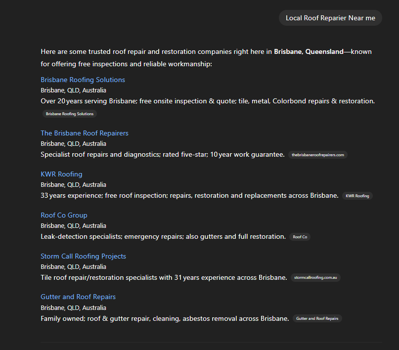 ChatGPT showing local business results sourced from Google Business Profiles.